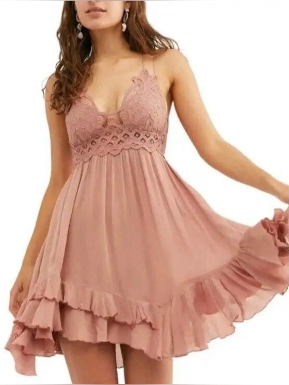 Free People One Adella Slip Dress Mauve Pink Lace Crochet Boho M